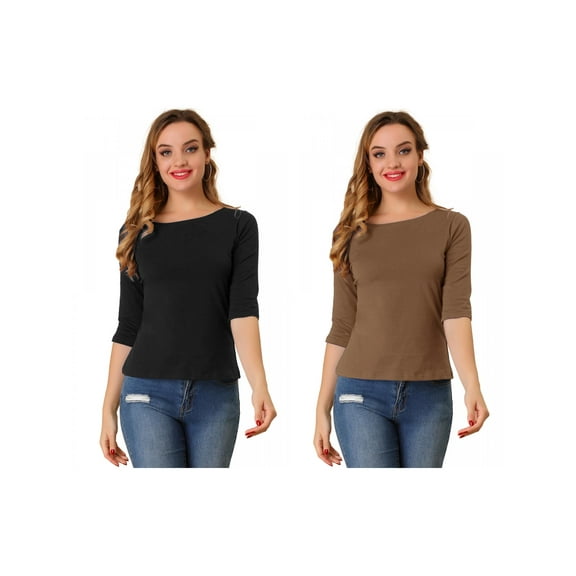 NOMADIC NOOK Women's 2 Packs Elbow Sleeves Boat Neck Slim Fit Classic Tee