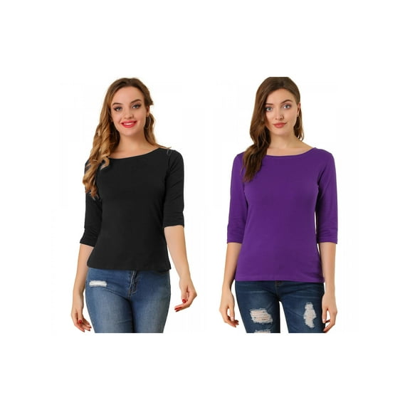 NOMADIC NOOK Women's 2 Packs Elbow Sleeves Boat Neck Slim Fit Classic Tee