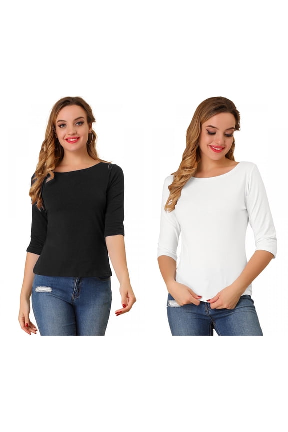 Women's 2 Packs Elbow Sleeves Boat Neck Slim Fit Classic Tee