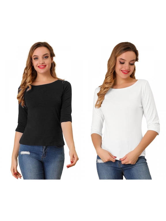 Women's 2 Packs Elbow Sleeves Boat Neck Slim Fit Classic Tee
