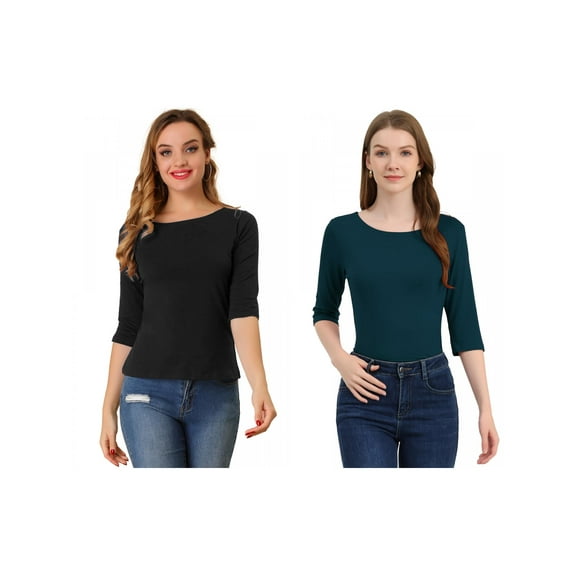 NOMADIC NOOK Women's 2 Packs Elbow Sleeves Boat Neck Slim Fit Classic Tee