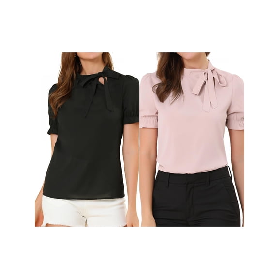 NOMADIC NOOK Women's 2 Packs Elegant Bow Tie Neck Short Sleeve Office Work Blouse