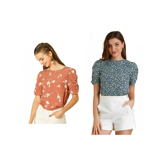 NOMADIC NOOK Women's 2 Packs Elegant Crew Neck Shirred Sleeve Keyhole Back Floral Blouse