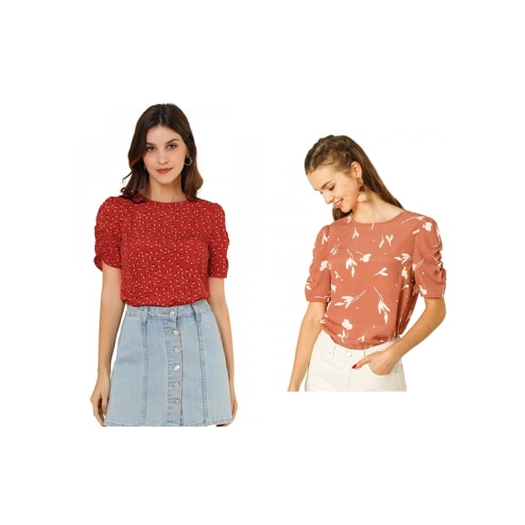 NOMADIC NOOK Women's 2 Packs Elegant Crew Neck Shirred Sleeve Keyhole Back Floral Blouse