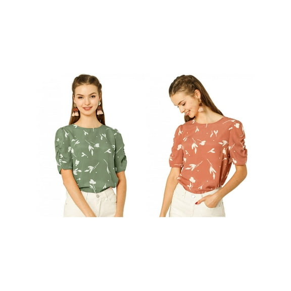 NOMADIC NOOK Women's 2 Packs Elegant Crew Neck Shirred Sleeve Keyhole Back Floral Blouse