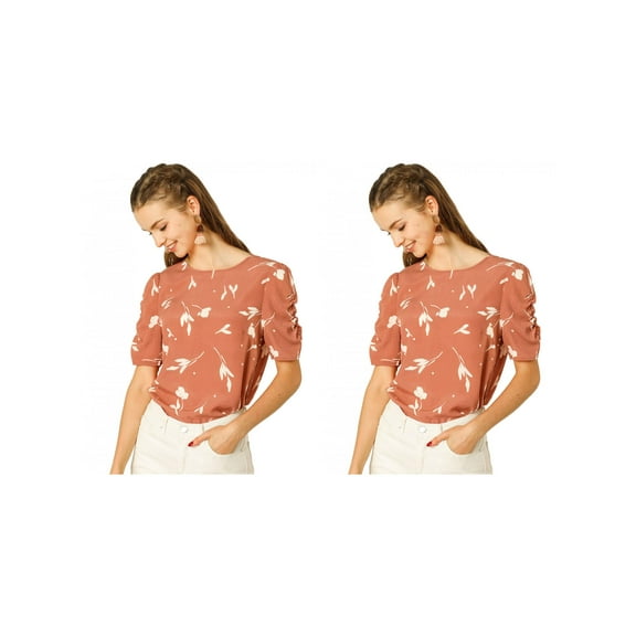 NOMADIC NOOK Women's 2 Packs Elegant Crew Neck Shirred Sleeve Keyhole Back Floral Blouse