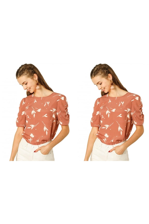 Women's 2 Packs Elegant Crew Neck Shirred Sleeve Keyhole Back Floral Blouse