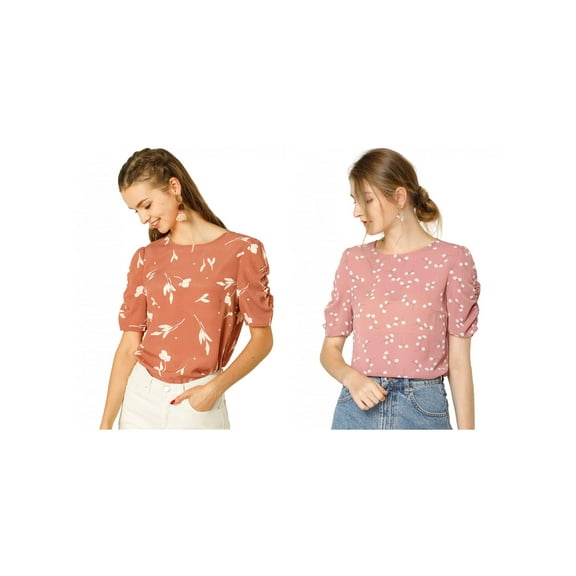 NOMADIC NOOK Women's 2 Packs Elegant Crew Neck Shirred Sleeve Keyhole Back Floral Blouse