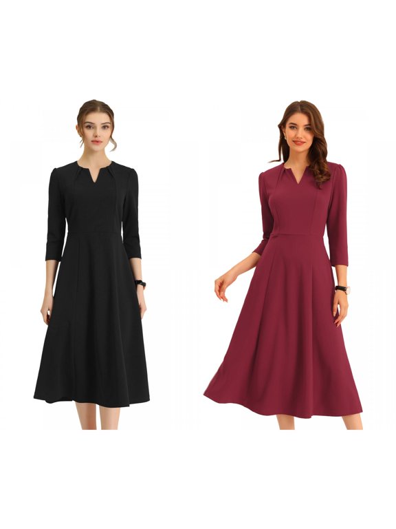 Women's 2 Packs Elegant V Neck Pockets 3/4 Sleeve Work A-Line Dress Large Black/Burgundy