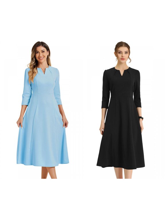 Women's 2 Packs Elegant V Neck Pockets 3/4 Sleeve Work A-Line Dress Small Black/Light Blue