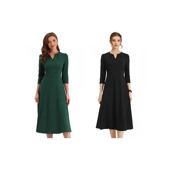 NOMADIC NOOK Women's 2 Packs Elegant V Neck Pockets 3/4 Sleeve Work A-Line Dress X-Small Black/Dark Green