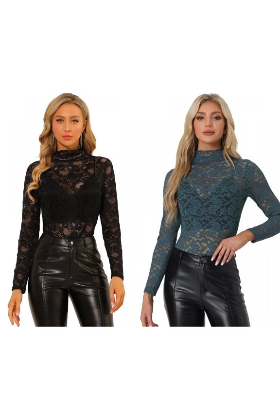 Women's 2 Packs Floral Lace Long Sleeve Mock Neck Sheer Semi-Sheer Blouse Top Medium Black/Grey Blue