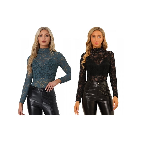 NOMADIC NOOK Women's 2 Packs Floral Lace Long Sleeve Mock Neck Sheer Semi-Sheer Blouse Top Small Black/Grey Blue