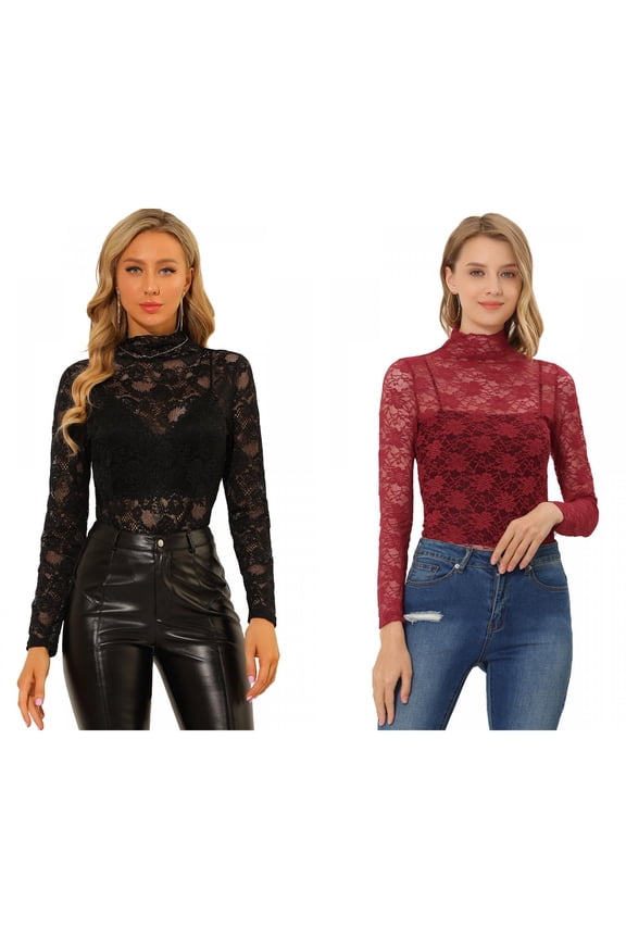 Women's 2 Packs Floral Lace Long Sleeve Mock Neck Sheer Semi-Sheer Blouse Top X-Small Black/Burgundy