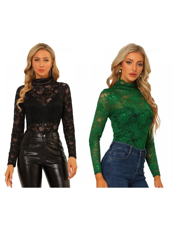 Women's 2 Packs Floral Lace Long Sleeve Mock Neck Sheer Semi-Sheer Blouse Top X-Small Black/Dark Green