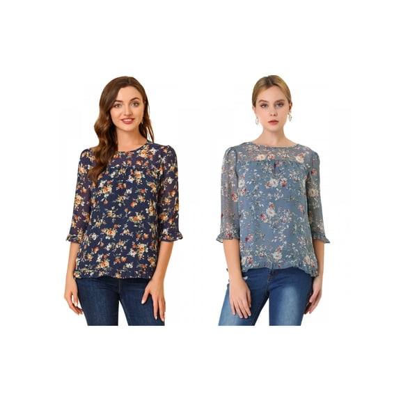 NOMADIC NOOK Women's 2 Packs Floral Round Neck Ruffled 3/4 Sleeves Flowy Chiffon Blouse