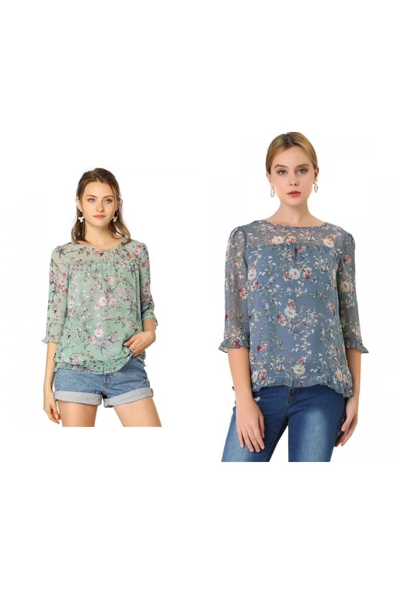 Women's 2 Packs Floral Round Neck Ruffled 3/4 Sleeves Flowy Chiffon Blouse