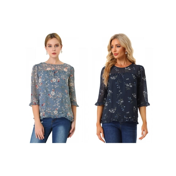 NOMADIC NOOK Women's 2 Packs Floral Round Neck Ruffled 3/4 Sleeves Flowy Chiffon Blouse