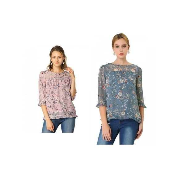 NOMADIC NOOK Women's 2 Packs Floral Round Neck Ruffled 3/4 Sleeves Flowy Chiffon Blouse