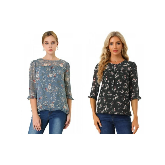 NOMADIC NOOK Women's 2 Packs Floral Round Neck Ruffled 3/4 Sleeves Flowy Chiffon Blouse