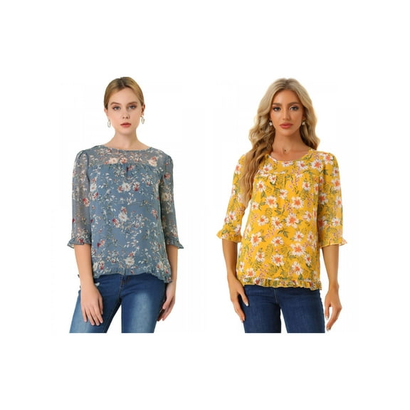 NOMADIC NOOK Women's 2 Packs Floral Round Neck Ruffled 3/4 Sleeves Flowy Chiffon Blouse