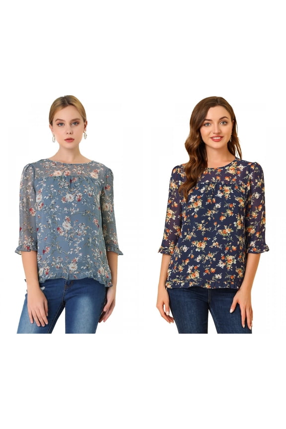 Women's 2 Packs Floral Round Neck Ruffled 3/4 Sleeves Flowy Chiffon Blouse