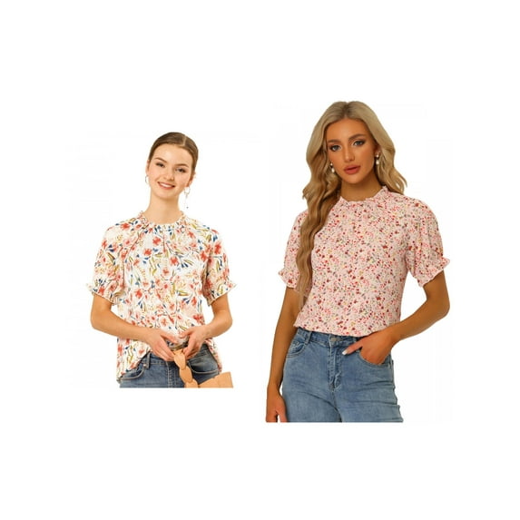 NOMADIC NOOK Women's 2 Packs Floral Ruffled Short Sleeve Ruffle Neck Casual Blouses