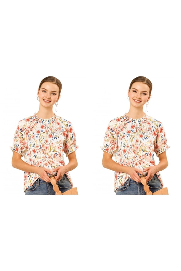 Women's 2 Packs Floral Ruffled Short Sleeve Ruffle Neck Casual Blouses