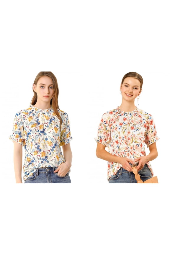 Women's 2 Packs Floral Ruffled Short Sleeve Ruffle Neck Casual Blouses