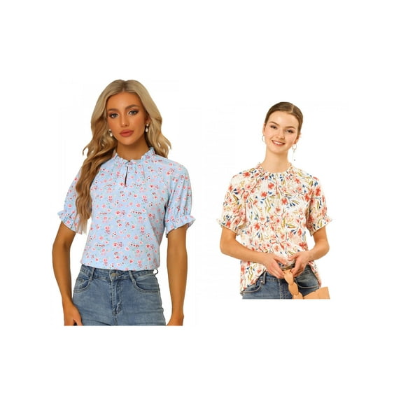 NOMADIC NOOK Women's 2 Packs Floral Ruffled Short Sleeve Ruffle Neck Casual Blouses