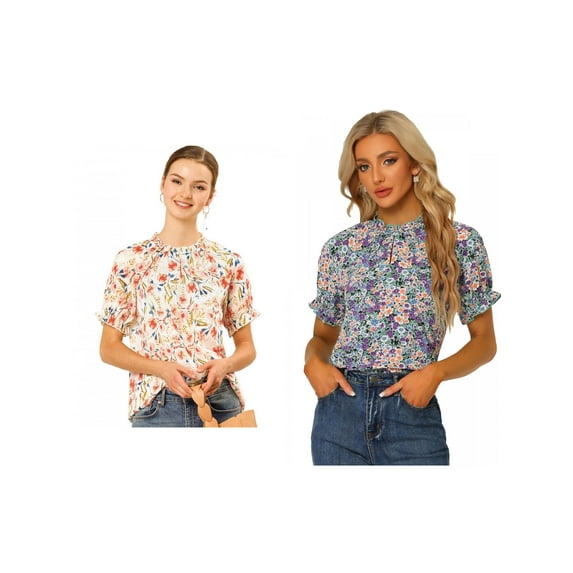 NOMADIC NOOK Women's 2 Packs Floral Ruffled Short Sleeve Ruffle Neck Casual Blouses