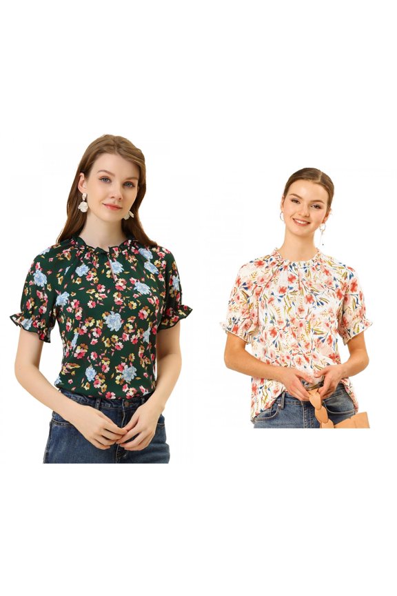 Women's 2 Packs Floral Ruffled Short Sleeve Ruffle Neck Casual Blouses