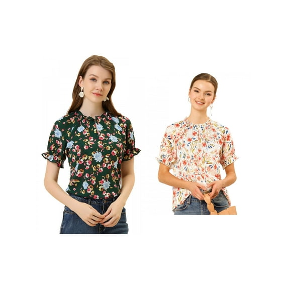 NOMADIC NOOK Women's 2 Packs Floral Ruffled Short Sleeve Ruffle Neck Casual Blouses