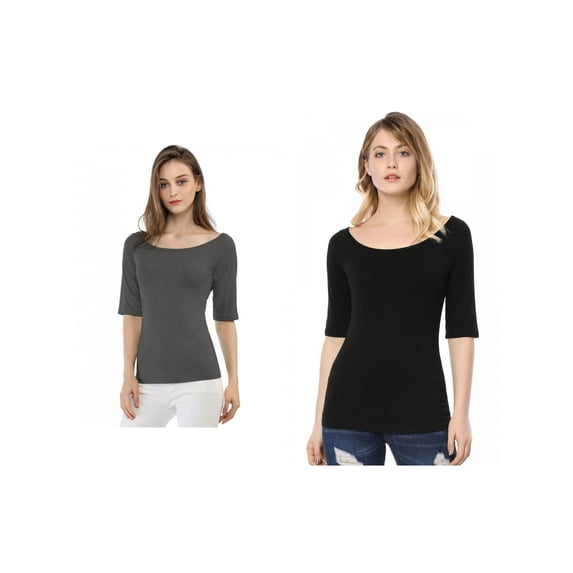 NOMADIC NOOK Women's 2 Packs Half Sleeves Boat Neck Fitted Layering Top Soft T-Shirt
