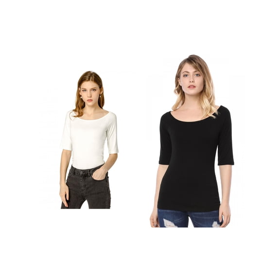 NOMADIC NOOK Women's 2 Packs Half Sleeves Boat Neck Fitted Layering Top Soft T-Shirt