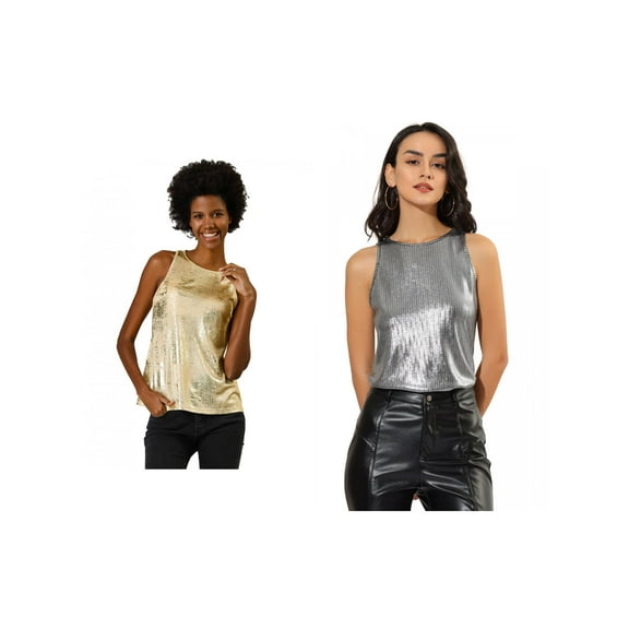 NOMADIC NOOK Women's 2 Packs Metallic Crew Neck Sleeveless Cam Tank Top