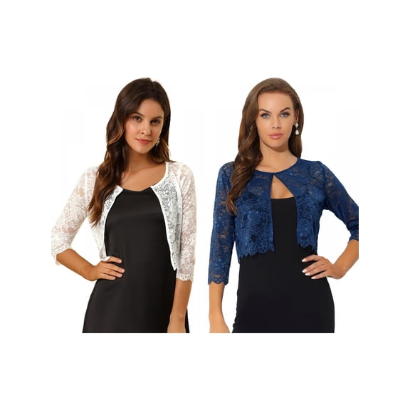 NOMADIC NOOK Women's 2 Packs Open Front 3/4 Sleeve Sheer Floral Lace Cropped Shrug Cardigan