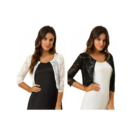 NOMADIC NOOK Women's 2 Packs Open Front 3/4 Sleeve Sheer Floral Lace Cropped Shrug Cardigan