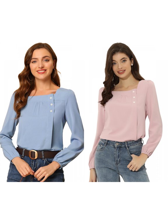 Women's 2 Packs Pleated Front Casual Long Sleeve Square Neck Blouse