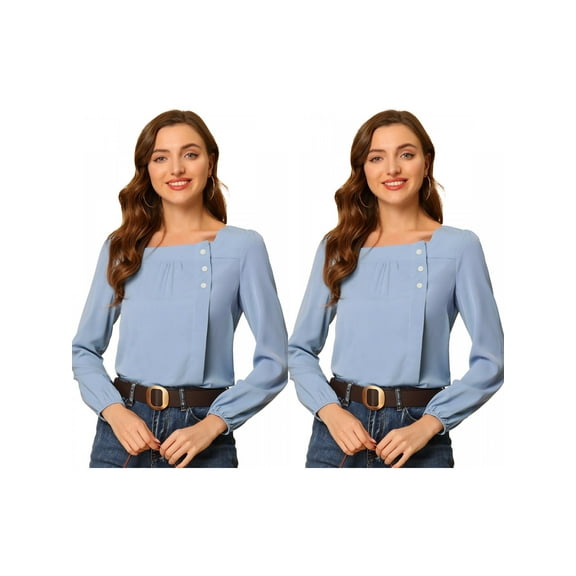 NOMADIC NOOK Women's 2 Packs Pleated Front Casual Long Sleeve Square Neck Blouse