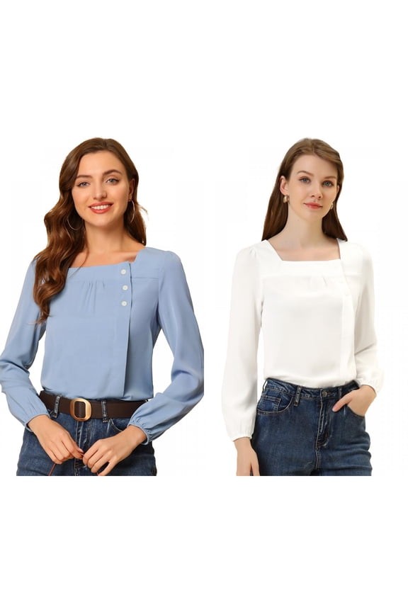 Women's 2 Packs Pleated Front Casual Long Sleeve Square Neck Blouse