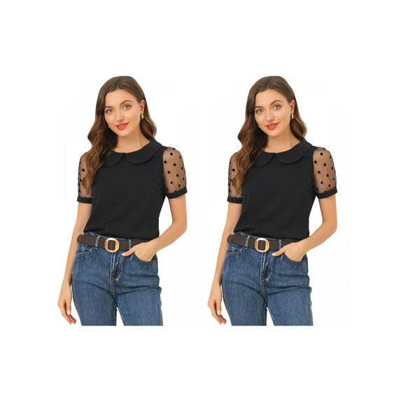 NOMADIC NOOK Women's 2 Packs Polka Dots Peter Pan Collar Mesh Puff Short Sleeve Blouse