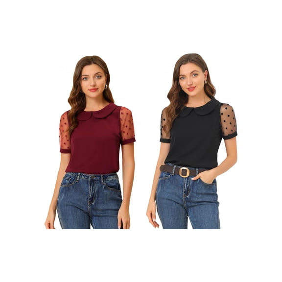 NOMADIC NOOK Women's 2 Packs Polka Dots Peter Pan Collar Mesh Puff Short Sleeve Blouse