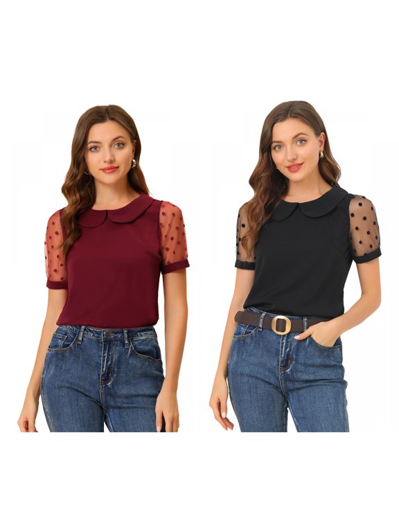 Women's 2 Packs Polka Dots Peter Pan Collar Mesh Puff Short Sleeve Blouse