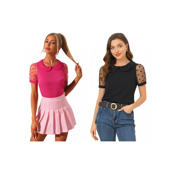 NOMADIC NOOK Women's 2 Packs Polka Dots Peter Pan Collar Mesh Puff Short Sleeve Blouse