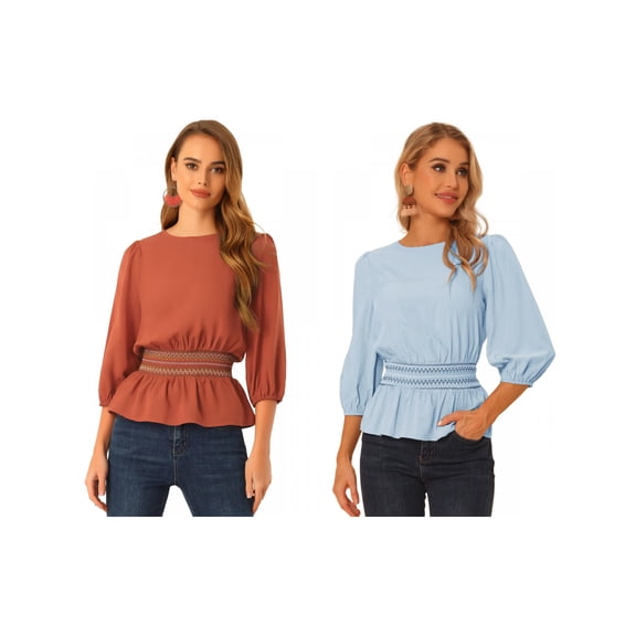 NOMADIC NOOK Women's 2 Packs Puff Half Sleeve Smocked Waist Peplum Top