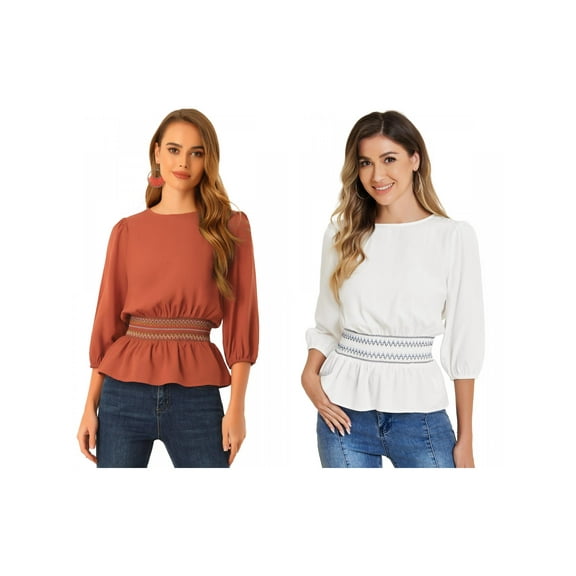 NOMADIC NOOK Women's 2 Packs Puff Half Sleeve Smocked Waist Peplum Top