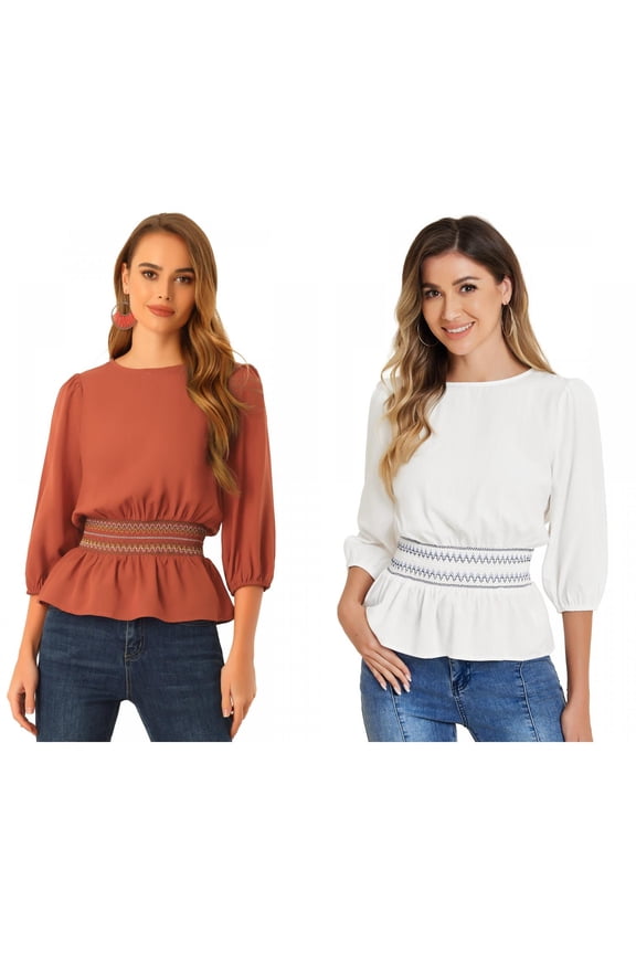 Women's 2 Packs Puff Half Sleeve Smocked Waist Peplum Top