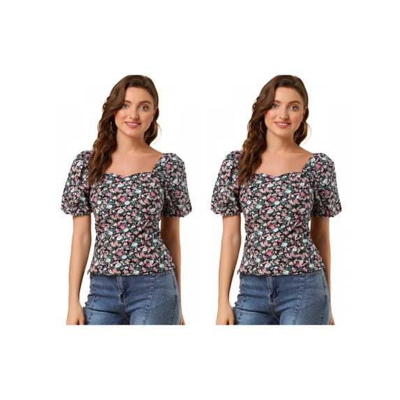 NOMADIC NOOK Women's 2 Packs Puff Sleeve Sweetheart Neck Smocked Floral Top