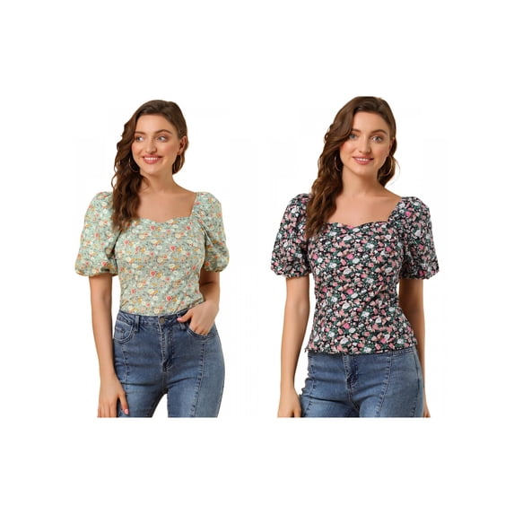 NOMADIC NOOK Women's 2 Packs Puff Sleeve Sweetheart Neck Smocked Floral Top